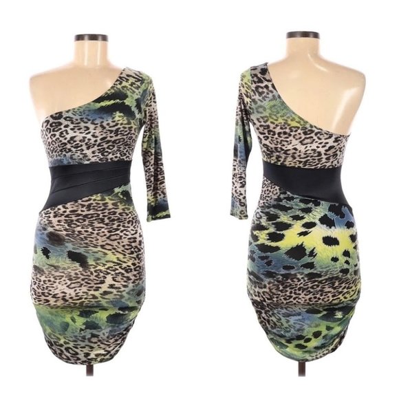 Y2K one Shoulder animal print patchwork Mini Cocktail Dress Small - Picture 1 of 4